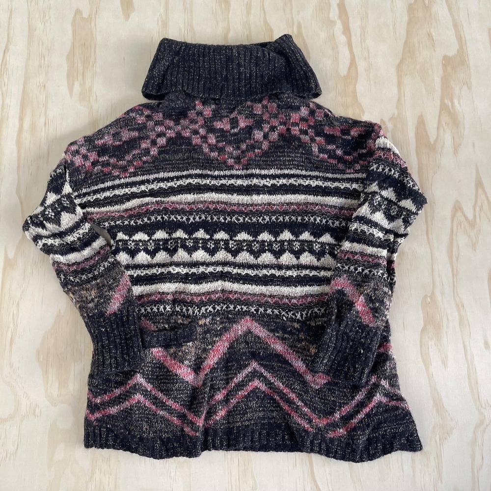 Lucky Brand Sweater Womens Medium Black Fair Isle Turtleneck Pockets Chunky